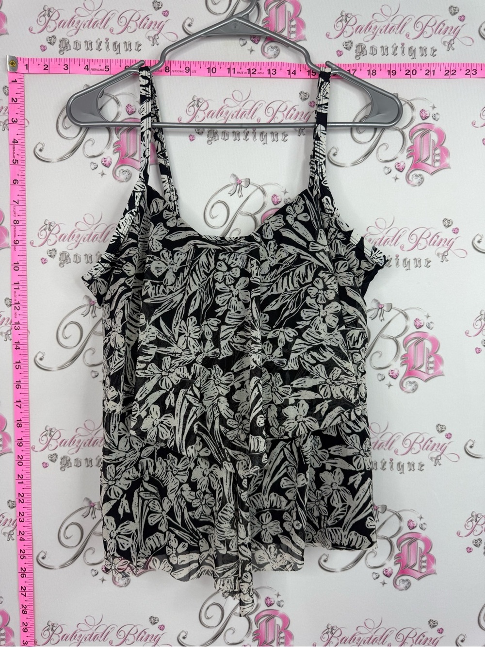 Krista Tankini swim suit Floral Print Ruffled Sleeveless Top - Black/Cream
